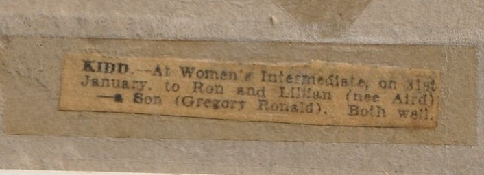 Newspaper clipping of Greg Kidds birth announcement.