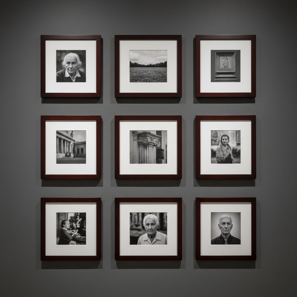 A collection of black-and-white framed photographs artfully arranged on a textured, matte charcoal wall, each frame crafted from dark mahogany with sleek, minimalist lines. Diffused, overhead gallery lighting softly highlights the edges of the frames and enhances the depth of each photo, while leaving delicate, subdued shadows along the wall. The photographs gently fade into a quiet, out-of-focus background, allowing the focus to remain on the harmonious arrangement. Captured straight-on at eye-level, this balanced, uncluttered composition evokes a sense of dignity and reverence, aligning with the sophisticated, photographic style of the tribute site.